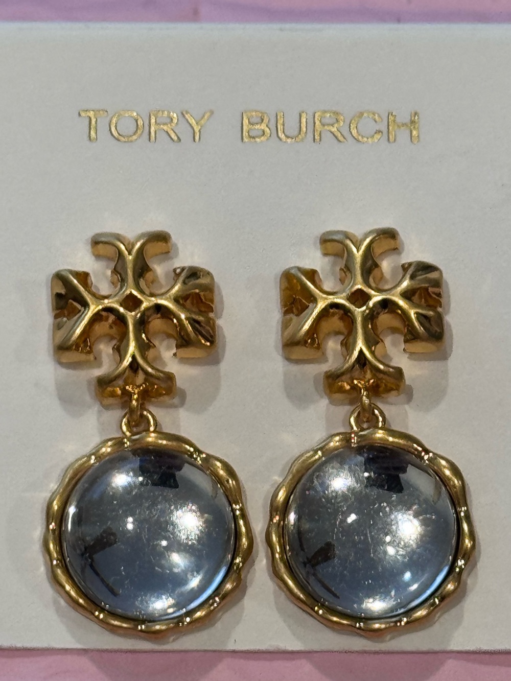 NWT Tory Burch Gold Double T Logo Clear Crystal Drop Earrings